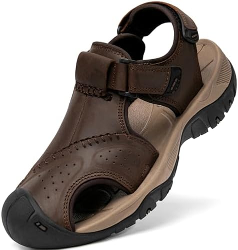 Boveshorn Men's Sport Sandals Closed Toe Leather Hiking Athletic Walking Outdoor Beach Trail River Fishing Water Shoes Lightweight Comfortable Waterproof