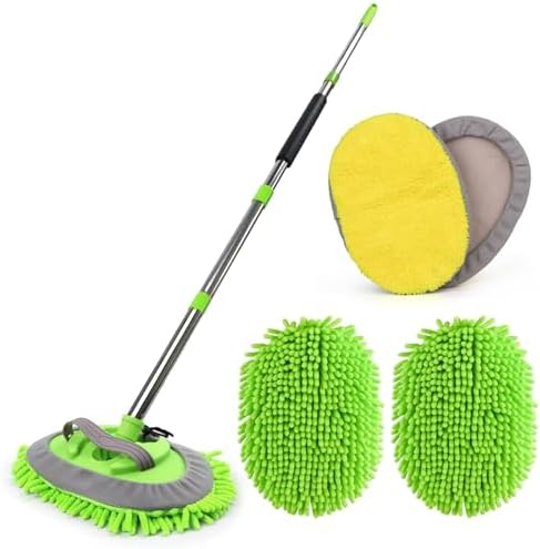 62&amp;#39;&amp;#39; Microfiber Car Wash Brush Mop Kit Sponge with Long Handle, Chenille Car Cleaning Brush Supplies Car Windshield Cleaner Pads for Car Rv SUV Truck Boat Bus Non-Scratches