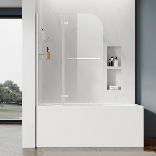 SUNNY SHOWER Bathtub Shower Door 47" W x 55" H, Frameless Hinged Tub Shower Door, 1\/4" (6mm) Tempered Glass, Chrome Finish