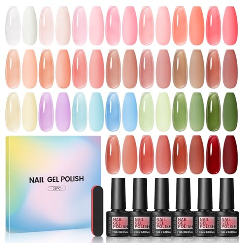 COSCELIA Jelly Gel Polish Set 25 Colors Translucent Ice Jelly Gel Nail Polish for Women All Seasons Red Green Brown Summer Colors Nail Manicure Kit Salon DIY at Home Gifts for Women