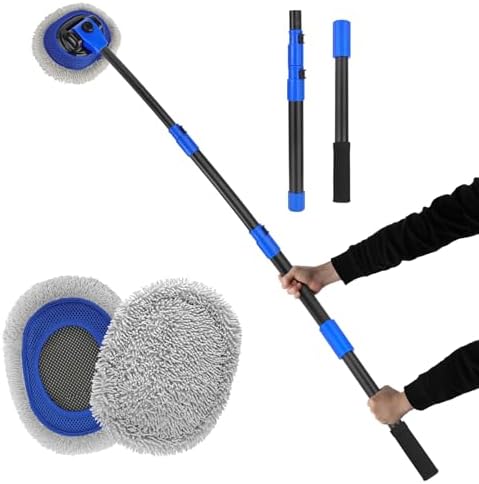 15° Bend Labor-saving Car Wash Brush with Telescopic Handle 56.7&amp;#34; Chenille Microfiber Soft Car Wash Mop Long Handle Car Cleaning Brush Kit with Extension Pole &amp;amp; Replacement Head for Clean Car 