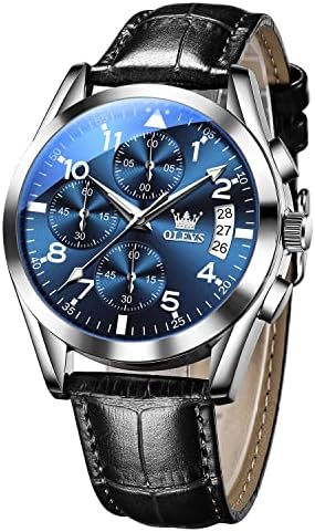 OLEVS Men's Casual Leather Watch, Big Face Chronograph Watch for Men, Fashion Easy to Read Dress Watch, Men's Waterproof Luminous Date Analog Watch, Gold\/Black\/White\/Blue Dial