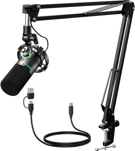 MAONO XLR\/USB Dynamic Microphone Kit, RGB Podcast Mic with Software, Mute, Gain Knob, Volume Control, Boom Arm for Streaming, Gaming, Voice-Over, Recording-PD200XS Black