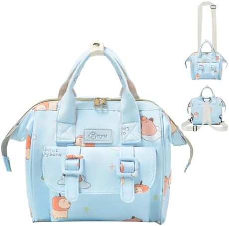 Small Diaper Bag Crossbody, Convertible Mini Diapers Backpack 4 in 1 w\/Shoulder for Stroller, Travel, Small Mommy Daiper Tote with Insulated Pockets, Compact Baby Bag for Mom (Sky Blue Animal)