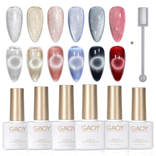 GAOY Holographic Glitter Cat Eye Gel Polish Set of 6 Colors with Free Magnet UV LED Soak Off Nail Polish Home DIY Manicure Nail Salon Varnish