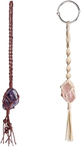 Dahey Macrame Crystal Car Charms Handmade Crystal Rear View Mirrior Car Ornament Boho Hanging Crystal, Waxed Rope Wrapped Crystal Hanging for Car Home Decor,Set of 2 Color