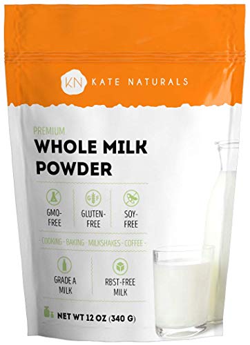 Kate Naturals Dry Whole Milk Powder for Baking, Coffee &amp;amp; Milkshakes (12oz) RBST-Free, Made in USA, Dried Powdered Substitute For Liquid Milk