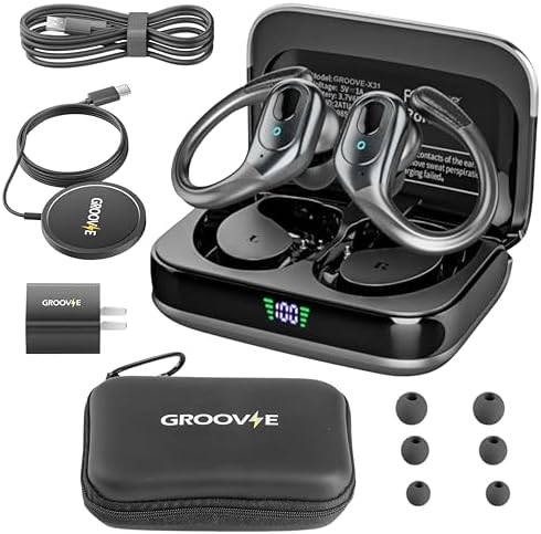 Groove Electronics 4-in-1 Wireless Earbuds w\/Charging Case - 80 Hours Playtime Wireless Headphones Bluetooth 5.3 IPX7 Waterproof Noise Cancelling Earphones with LED Light Display  Phone Charging Pad