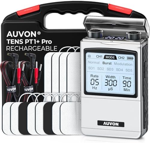 AUVON Rechargeable TENS Unit Muscle Stimulator, FSA HSA Eligible, Digital TENS Machine with 8 Customizable Modes, Electronic Massager for Sciatica, Shoulder &amp; Back Pain Relief, 12 Pads, A Carry Ca