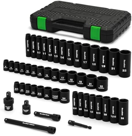 TecoTek 3\/8" Drive Impact Socket Set, 49-Piece SAE (5\/16"-3\/4") and Metric (8mm-22mm), 6 Point, Cr-V, Extension Bars, 1\/2" F to 3\/8" M Reducer, Universal Joint and Power Drill
