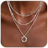 Cuzmly Layered Silver Necklaces for Women, Sterling Silver Stackable Stack Choker Necklaces for Women Trendy Layering Circle Pendant Chain Necklace Set Jewelry for Women