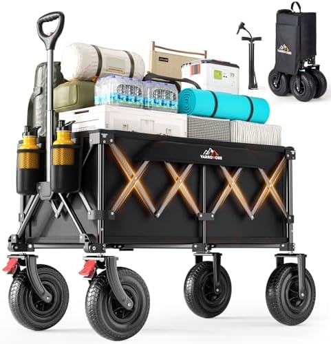 Beach Wagon with 9x3.5" Big Rubber Wheels for Sand, 350lbs Heavy Duty 200L Collapsible Utility Wagon, Easy Transport &amp; Storage, Ideal for Sport, Camping, All-Terrain Outdoor Activities, Black