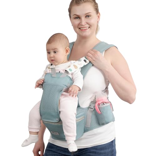 Baby Carrier with Hip Seat for Newborn to Toddler, 6-in-1 Ergonomic Infant Carrier for 0-36 Month Baby, All Positions Soft Breathable Mesh Wrap Carrier with Waist Stool, Easily Adjustable Baby Holder