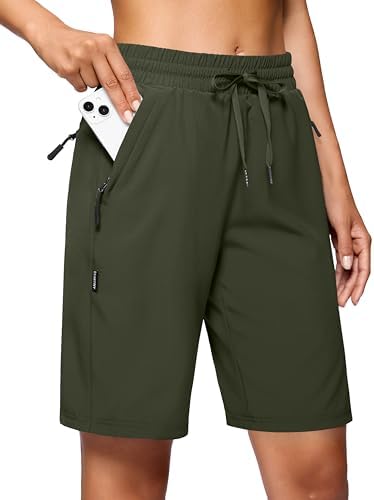 SANTINY Women's 7''\/ 9'' Hiking Shorts with 3 Zipper Pockets Lightweight Quick Dry Long Athletic Golf Shorts for Women Casual
