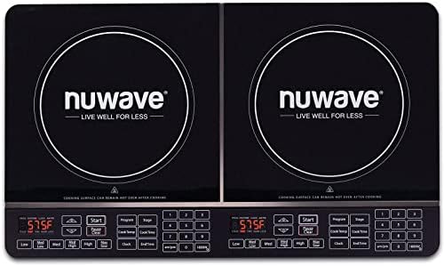 Nuwave Double Induction Cooktop, Powerful 1800W, 2 Large 8\u201D Heating Coils, Independent Controls, 94 Temp Settings from 100°F to 575°F in 5°F Increments, 2 x 11.5\u201D Shatter-Proof Ceramic Glass