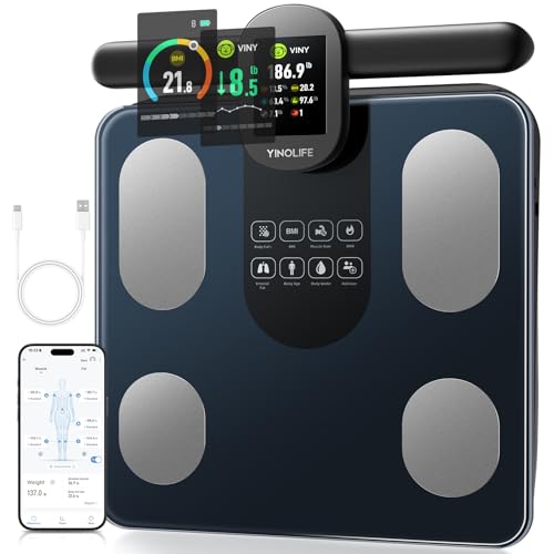 YINOLIFE Smart Scale with BMI, Body Fat, Muscle Mass, 8 Electrode Weight Scale with 28 Full Body Composition, Scale for Body Weight with Retractable Handle, Large Color Display, 14", Rechargeable