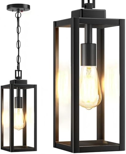 15'' Large Motion Sensor Outdoor Pendant Lights, Dusk to Dawn Modern Outside Chandelier Outdoor Hanging Lantern with Clear Glass, Exterior Pendant Lighting Fixture for Porch, Yard, Black, 1Pac
