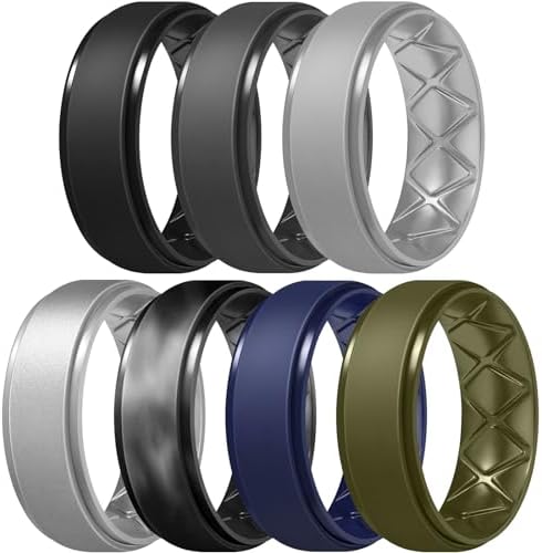 Egnaro Inner Arc Ergonomic Breathable Design, Silicone Rings Mens with Half Sizes, 7 Rings \/ 6 Rings \/ 5 Rings \/ 4 Rings \/ 1 Ring Rubber Wedding Bands, 8.5mm Wide-2mm Thick