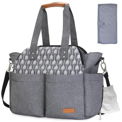 Lekebaby Diaper Bag Tote, Large Diaper Bags Waterproof,Large Mommy Bag for Hospital, Baby Bags for Mom Travel Diaper Tote Messenger Purse,Grey, Arrow Print