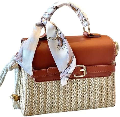 Kefeier Top Handle Straw Crossbody Bags for Women, Summer Straw Purses and Handbags Shoulder Clutch Beach Bag with 1 sun hat, 3 Color Scarf Handle, Rope Strap, Natural