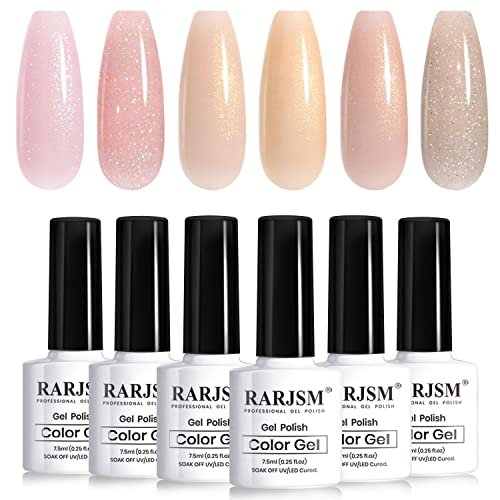 RARJSM Glitter Nude Gel Polish 6pcs Set Pale Pink Milky Jelly Cashmere Pink Beige Apricot Champagne Brown Shimmer Iridescent Holographic Gel Nail Polish 7.5ml Translucent Natural Soak off UV LED Cured