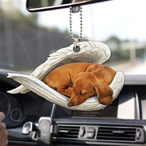Talataca Dachshund Sleeping Angel Wing Memorial Tan Wheaten Dachshund 2D Flat Car Rear View Mirror Accessories Christmas Tree Ornament Decoration Hanging Charm Interior Rearview Pendant Decor Gift