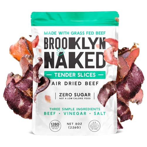 Brooklyn Biltong Air Dried Grass Fed Beef Snack, South African Beef Jerky (8 oz, Pack of 1) - Whole30 Approved, Paleo, Keto, Gluten Free, Sugar Free, Made in USA - (Naked)