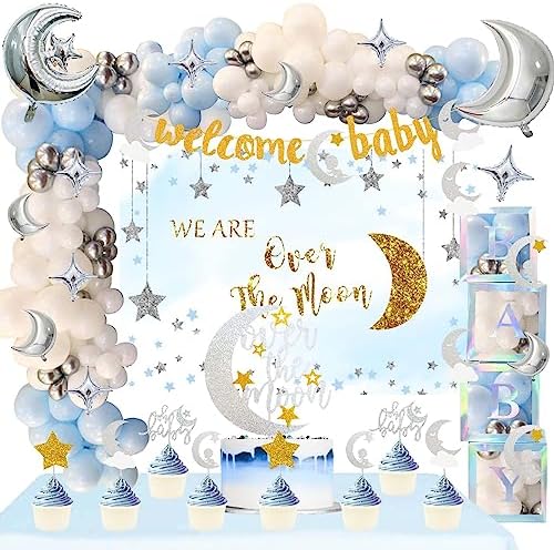 154 PCs Over The Moon Baby Shower Decorations, Fiesec We Are Over The Moon Baby Shower Decorations Backdrop Balloon Garland Glitter Banner Cake Cupcake Topper Boxes Cutout Starry Night Galaxy Sliver