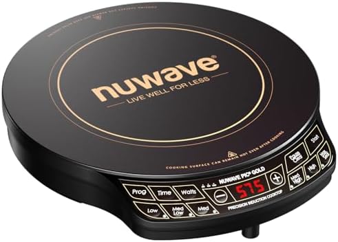 Nuwave Precision Induction Cooktop Gold, 12\u201D Shatter-Proof Ceramic Glass Surface, Large 8\u201D Heating Coil, Portable, 51Temp Settings 100°F to 575°F, 3 Wattage Settings 600, 900, and 1500 Watts