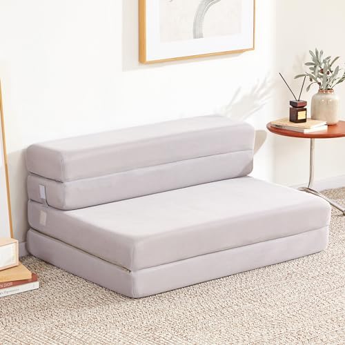 Lazyzizi Folding Sofa Bed Foldable Futon Couch Bed 4Inch Sleeper Floor Sofa for Adults, Camper, Guest, with Headrest, Breathable &amp; Washable Cover (Single)