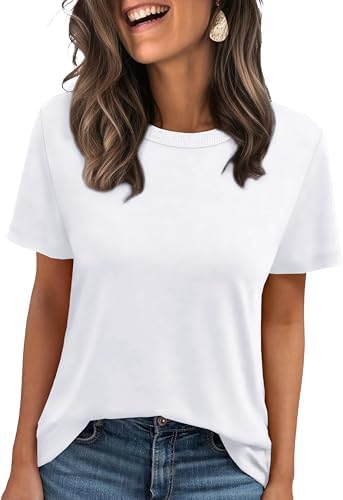 Jescakoo Womens Tops Summer Short Sleeve Ribbed Trim Crewneck T Shirts Fashion Basic Tee