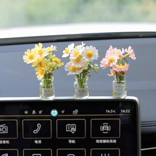 Kiofs Daisy Flower Car Accessories for Women Interior Aesthetic, 3 Pcs Daisy Cute Car Dashboard Decorations