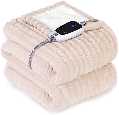 Sealy Electric Blanket Heated Throw, Soft Cozy Ribbed Flannel to Sherpa Reversible Safe Heating with 6 Heat Settings &amp; 2-10 Hours Auto-Off Over-Heat Protection, Machine Washable, 50&#34;x60&#34; B