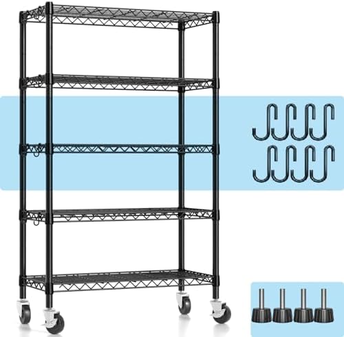 Hodonas Wire Shelving, 1900lbs Capacity 5 Tier Heavy Duty NSF Wire Shelf with Rolling Wheels Black Metal Storage Shelves Adjustable Wire Rack Unit 36"W x 14"D x 72"H for Kitchen Bathroom G
