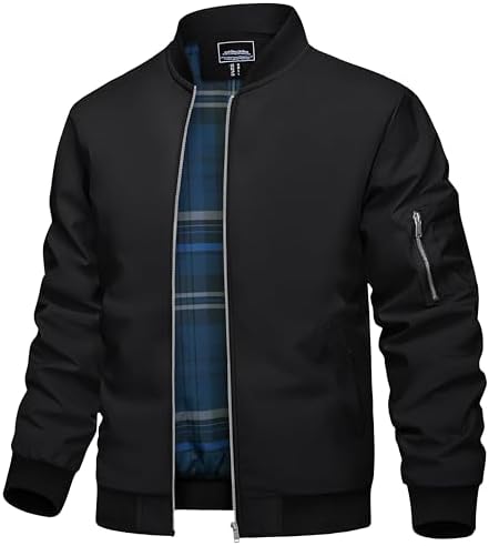 TACVASEN Men's Bomber Jacket Lightweight Windbreaker Plaid Lined Casual Fashion Spring Fall Windproof Zip Up Jacket for Men