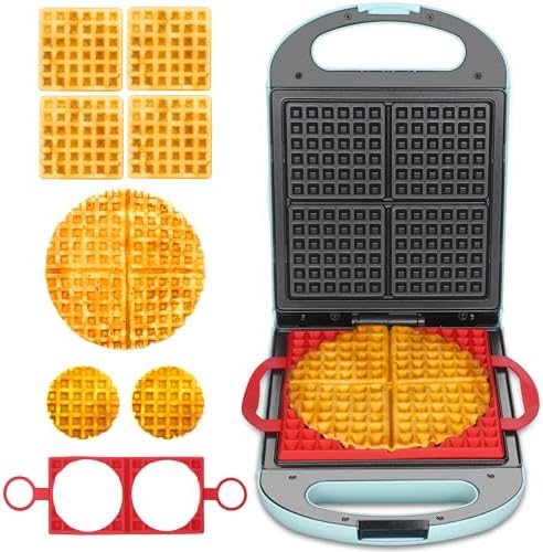 Baker&amp;#39;s Friend Multi Shapes Waffle Iron, Combo of Mini &amp;amp; Classic Waffle Makers, Belgian &amp;amp; Chaffle Maker, 2 Silicone Molds, Aqua