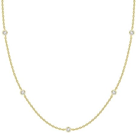 PAVOI 14K Gold Plated Station Necklace - Simulated Diamond BTY Layering Necklaces - Womens CZ Chain
