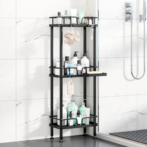 HapiRm Standing Corner Shower Caddy - 3 Tier Corner Shower Organizer with Soap Holder, Rustproof Stainless Steel Bathroom Shelf with 4 Hooks, Black