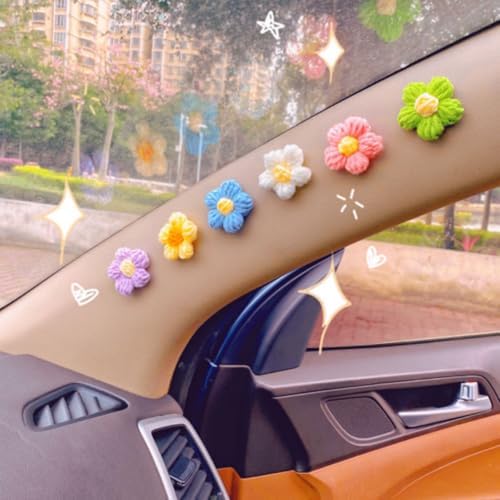 Crochet Flowers Dashboard Decorations, 6Pcs Cute Car Accessories for Women Interior Aesthetic, Handmade Knit Flowers Home Decor