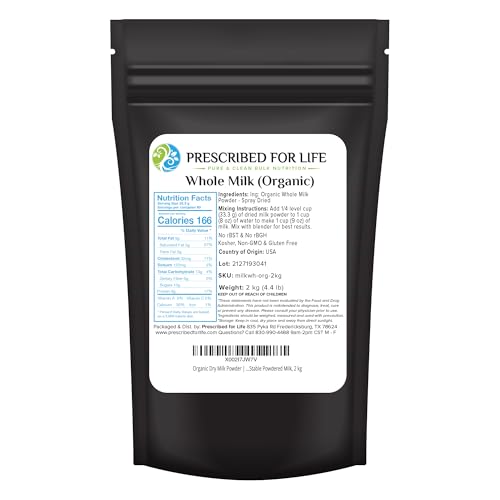 Prescribed For Life Organic Dry Milk Powder, USDA Grade A Whole Milk rBST &amp; rBGH Free, Non GMO, Kosher, Shelf Stable Whole Milk Powder (2kg \/ 4.4lb)