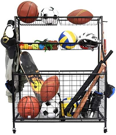 Kinghouse Sport Equipment Organizer for Garage, Steel Basketball Rack with Baseball Bat Holder and Hooks, Easy Assembly Storage for Balls, Kids' Toys, and Workout Gear in Basement, Home Gym, Outdo