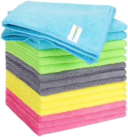 Forggon Microfiber Cleaning Cloth, Pack of 15, Lint Free, Absorbent, Streak Free, Non-Abrasive, Reusable and Washable，Cleaning Towels with 5 Color Assorted,11.8"X11.8"(Green\/Blue\/Yellow\/Pin