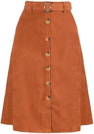 Allegra K Womens High Waist Button Front A-Line Belted Corduroy Midi Skirt