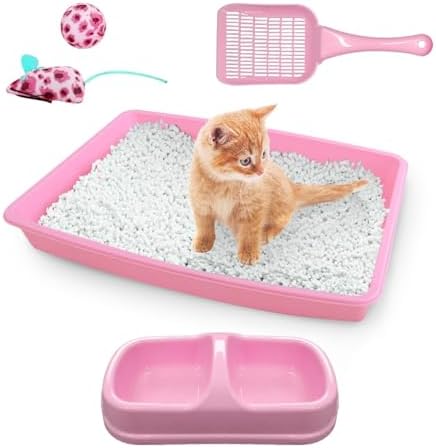 PAWISE Cat Litter Box Set, Small Kitten Starter Kit, Includes Litter Box, Litter Scoop, Double Dish Feeding Bowl, Cat Mouse Toy, Kitty Ball Toy, Pink