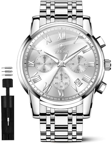 Taxau Mens Watches Luxury Multifunction Waterproof Watches for Men Big Face Analog Quartz Stainless Steel Silver Men's Wrist Watches Chronograph with Date Luminous
