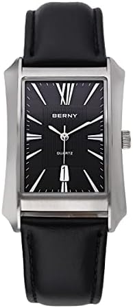 BERNY Mens Business Casual Quartz Watches Stainless Steel Case with Leather Strap Rectangular Watches for Men (Black, White, Grey, Rose Gold)