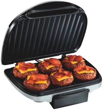 Hamilton Beach Electric Indoor Grill, 6-Serving, Large 90 sq. in. Nonstick Easy Clean Plates, Floating Hinge for Thicker Foods, 1200 Watts, 6.38&amp;#34;D x 12.68&amp;#34;W x 13.78&amp;#34;H , Silver (25371)