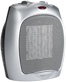 Amazon Basics Ceramic Space Heater, Portable Indoor Heating Solution, With Overheat and Tip-Over Protection, Thermostat, Non-Oscillating, 1500W, 7.52"D x 6.34"W x 9.45"H, Silver