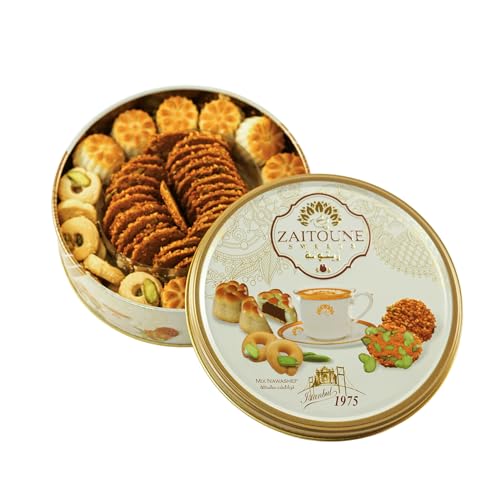 Zaitoune Premium Mini Mixed Cookies - 9 oz  Bite-Sized Date Maamoul, Barazek &amp;amp; Ghraybeh Cookie Mix  Handcrafted in Turkey  Beautiful Reusable Gift Tin  Perfect with Tea  Great Sharing Present