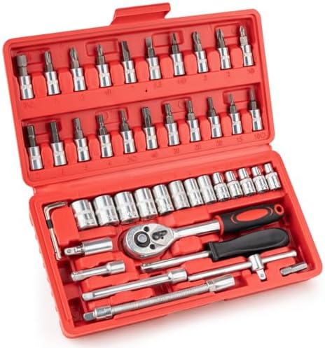 46PCS Small Drive Socket Ratchet Wrench Screwdriver Set, 1\/4 Inch Metric Socket and Ratchet Wrench Set with Extension Bar, Compact Tool Set for Car